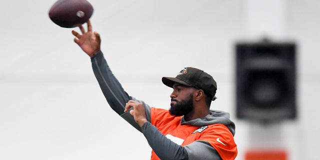 Jacoby Brissett #7 of the Cleveland Browns throws a pass during Cleveland Browns training camp at CrossCountry Mortgage Campus on July 27, 2022 in Berea, Ohio.