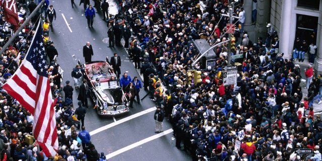 New York Yankees great Yogi Berra paraded in the car after the team won the 2000 World Series.