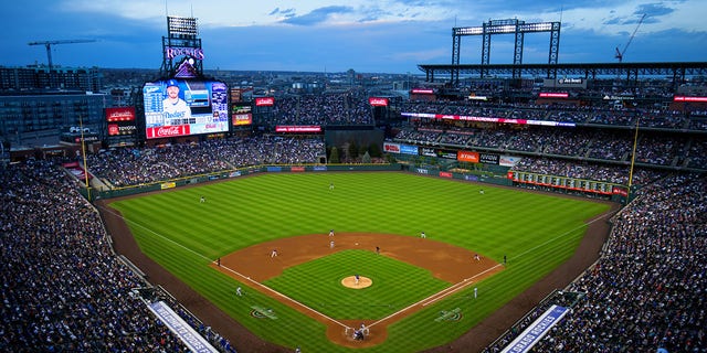 A general view of the Colorado Rockies on field against the Los Angeles Dodgers in the fifth inning at Coors Field on April 9, 2022 in Denver, Colorado.