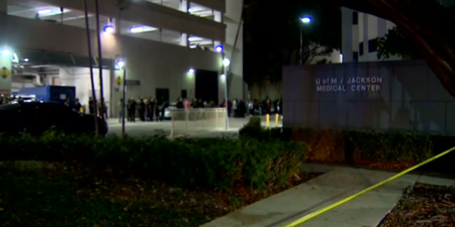 Exteriors of the Jackson Memorial Hospital after an officer was shot and transported the trauma center.