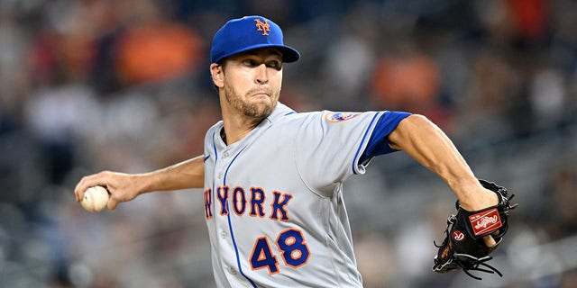 Jacob deGrom of the New York Mets pitches in the fifth inning against the Washington Nationals at Nationals Park, Aug. 2, 2022, in Washington, D.C.