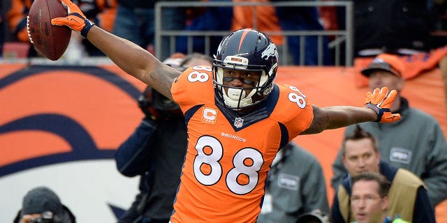 Demaryius Thomas of the Denver Broncos celebrates a touchdown during a 2015 AFC divisional playoff game against the Indianapolis Colts at Sports Authority Field at Mile High Jan. 11, 2015, in Denver, Colo.
