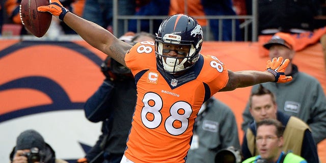 Demaryius Thomas of the Denver Broncos celebrates a touchdown during a 2015 AFC divisional playoff game against the Indianapolis Colts at Sports Authority Field at Mile High Jan. 11, 2015, in Denver, Colo. 