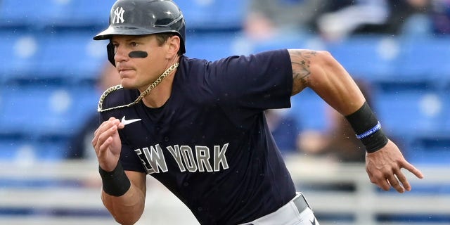 Derek Dietrich of the New York Yankees runs after a hit during the first inning against the Toronto Blue Jays during a spring training game at TD Ballpark March 21, 2021, in Dunedin, Fla.