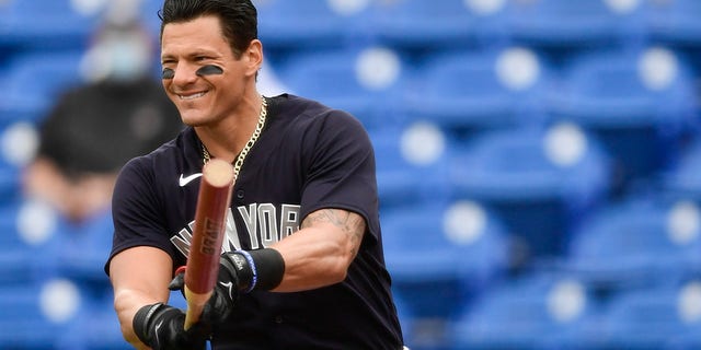 Derek Dietrich of the New York Yankees warms up prior to a game during spring training at TD Ballpark March 21, 2021, in Dunedin, Fla.