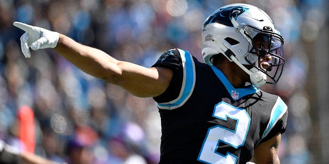 D.J. Moore of the Carolina Panthers celebrates a catch for a first down during the second quarter against the Minnesota Vikings at Bank of America Stadium Oct. 17, 2021, in Charlotte, N.C.