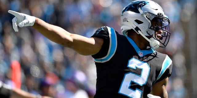 D.J. Moore of the Carolina Panthers celebrates a catch for a first down during the second quarter against the Minnesota Vikings at Bank of America Stadium Oct. 17, 2021, in Charlotte, N.C.