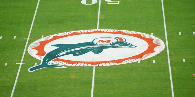 A general view of the Miami Dolphins logo prior to the game between the Miami Dolphins and the New England Patriots at Hard Rock Stadium on Jan. 9, 2022 in Miami Gardens, Florida.