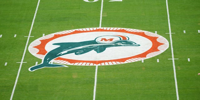 A general view of the Miami Dolphins logo prior to the game between the Miami Dolphins and the New England Patriots at Hard Rock Stadium on Jan. 9, 2022 in Miami Gardens, Florida.