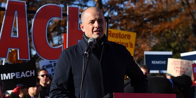 WASHINGTON, DC - DECEMBER 18: Evan McMullin, Founder of Stand Up Republic, speaks at an "Impeach and Remove" rally at the U.S. Capitol on December 18, 2019, in Washington, DC. 