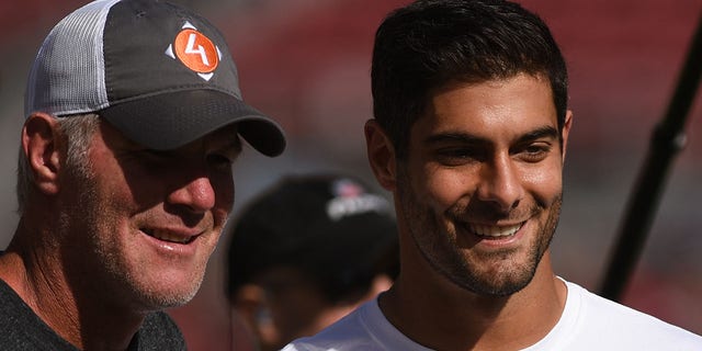 Brett Favre and San Francisco 49ers Quarterback Jimmy Garoppolo (10) before the NFL game between the Carolina Panthers and San Francisco 49ers at Levi's Stadium on Oct.  27, 2019 in Santa Clara, CA.