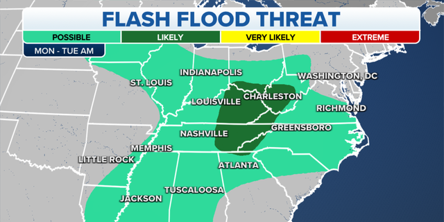 Areas of the eastern U.S. that face a flash flooding risk this week.