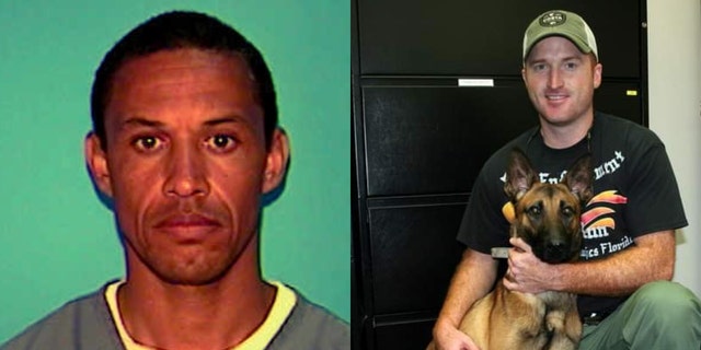 Earnest Borders, left, the suspect who fatally shot a police K-9 in Florida; Max, the police K-9 of the Lake Wales Police Department in Florida.