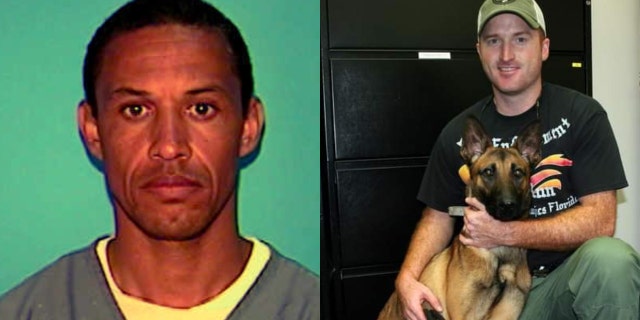 Earnest Borders, left, the suspect who fatally shot a police K-9 in Florida; Max, the police K-9 of the Lake Wales Police Department in Florida.