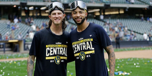 Josh Hader (left) and Devin Williams of the Milwaukee Brewers celebrate their victory in the Central Division. September 26, 2021 in Milwaukee, Wisconsin.