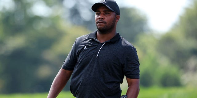 Harold Varner III of the United States plays a second shot on the 14th hole during the second round of the BMW Championship at Wilmington Country Club on August 19, 2022 in Wilmington, Delaware.