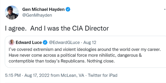 Former CIA Director Michael Hayden tweets agreement with anti-GOP tweet by journalist. 