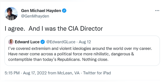 Former CIA Director Michael Hayden tweets agreement with anti-GOP tweet by journalist.