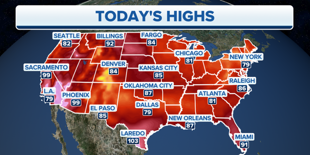 Forecast high temperatures for Monday, Aug. 22.