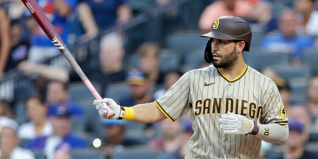Eric Hosmer of the San Diego Padres bats during the first inning against the New York Mets at Citi Field, July 24, 2022, in New York City.
