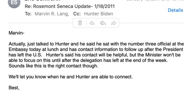 Eric Schwerin, who was formerly Hunter Biden's business partner, told Marvin Lang in a January 2011 email that a "number three official" at the Chinese Embassy would be "helpful" in helping Lang secure the Chinese Embassy for a dinner for his company.