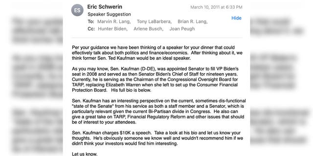 In a March 2011 email to Marvin Lang and Guardian Realty, Eric Schwerin officially pitched Ted Kaufman as "an ideal speaker" for the April 28 event.