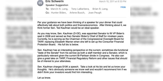 In a March 2011 email to Marvin Lang and Guardian Realty, Eric Schwerin officially pitched Ted Kaufman as "an ideal speaker" for the April 28 event.