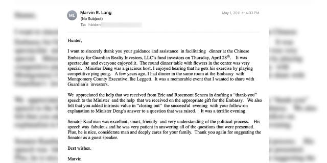 On May 1, 2011, three days after the Chinese Embassy dinner, Marvin Lang thanked Hunter Biden in an email for his "guidance and assistance in facilitating" the dinner.