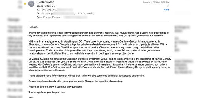 In March 2016, Hunter Biden emailed an executive at DuPont to introduce him to Bo Zhang, the chairman at Harves Investment Group, and hyped up the Chinese parent company's connections to "national level government relationships."