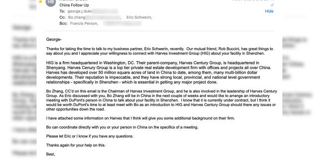 In March 2016, Hunter Biden emailed an executive at DuPont to introduce him to Bo Zhang, the chairman at Harves Investment Group, and hyped up the Chinese parent company's connections to "national level government relationships."