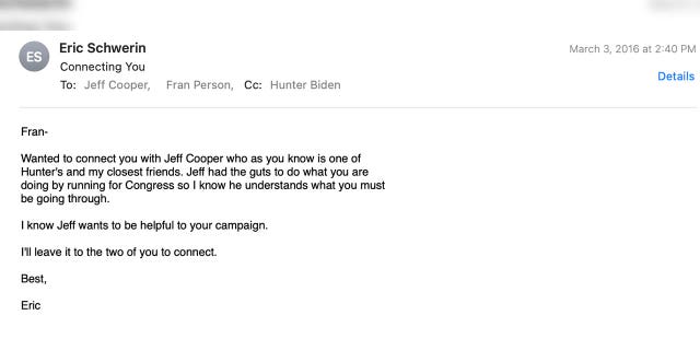 In March 2016, days after former Joe Biden adviser Fran Person announced he was running for Congress in South Carolina, Hunter Biden's business partner, Eric Schwerin, introduced him to one of their business associates to help him with his campaign.