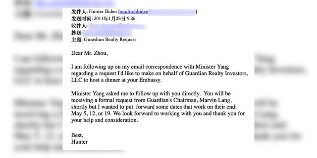 In January 2011, Hunter Biden emailed multiple Chinese Embassy officials about securing the embassy for a dinner on behalf of Guardian Realty.