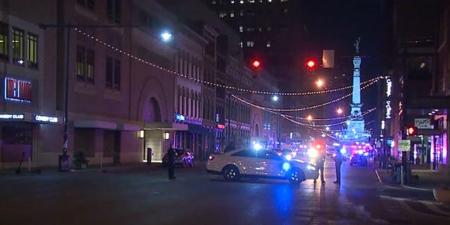 Scene in downtown Indianapolis when 3 Dutch soldiers shot outside hotel. 