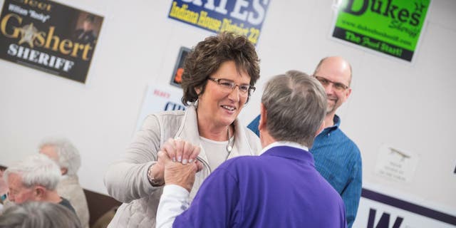 UNITED STATES - APRIL 4: Rep. Jackie Walorski, R-Ind., talks with guests at the Kosciusko County Republican Fish Fry in Warsaw, Ind., on April 4, 2018.