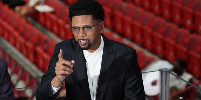ESPN Analyst Jalen Rose speaks ahead of Game 7 of the 2022 NBA Eastern Conference Finals at FTX Arena in Miami, Florida, May 29, 2022.
