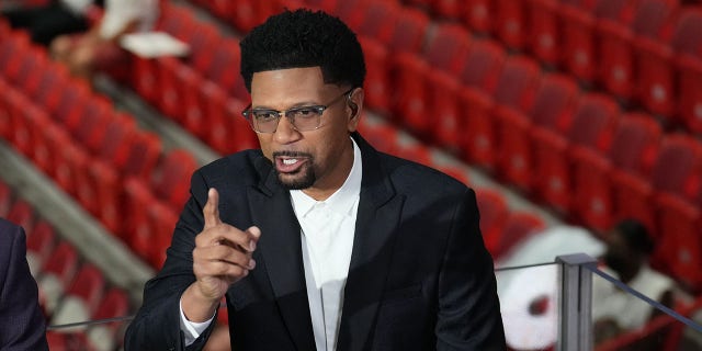 ESPN analyst Jalen Rose speaks before Game 7 of the 2022 NBA Eastern Conference finals at FTX Arena in Miami, Florida, on May 29, 2022.