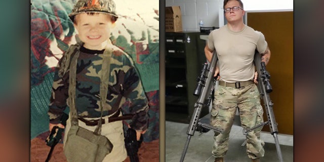 Left, a young Ryan Christian Knauss smiles for a photo while dressed up as a soldier. Right, Knauss poses for a picture nearly 20 years later as a soldier.