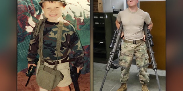 Left, a young Ryan Christian Knauss smiles for a photo while dressed up as a soldier. Right, Knauss poses for a picture nearly 20 years later as a soldier.