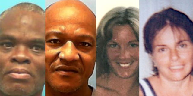 A photo combination showing Abron Scott and Amos Robinson, who are accused of murdering and raping Barbara Grams (second to right) and Linda Lansen in 1983.