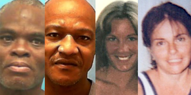 A photo combination showing Abron Scott and Amos Robinson, who are accused of murdering and raping Barbara Grams (second to right) and Linda Lansen in 1983.