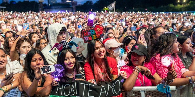 Fans watch J-Hope during day 4 of Lollapalooza at Grant Park on July 31, 2022, in Chicago, Illinois.