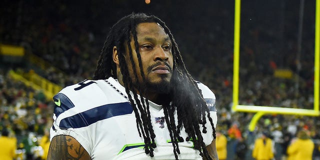 Marshawn Lynch of the Seattle Seahawks looks on before the NFC divisional playoff game against the Green Bay Packers at Lambeau Field on Jan. 12, 2020, in Green Bay, Wisconsin.