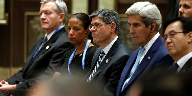 Members of the U.S. delegation including U.S. Ambassador to China Max Baucus, National Security Advisor Susan Rice, Treasury Secretary Jacob Lew and Secretary of State John Kerry attend a Paris agreement climate change event ahead of the G20 Summit, at West Lake Statehouse in Hangzhou, China September 3, 2016. 