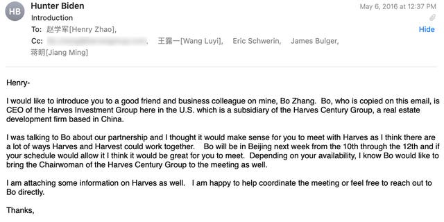 Hunter Biden introduced his "good friend and business colleague" Bo Zhang  in May 2016 to a Chinese business associate of his and mentioned a potential "partnership" between Harvest and Harves.