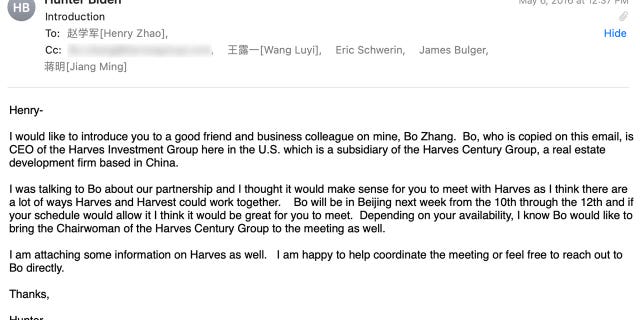 Hunter Biden introduced his "good friend and business colleague" Bo Zhang  in May 2016 to a Chinese business associate of his and mentioned a potential "partnership" between Harvest and Harves.