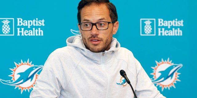 Head coach Mike McDaniel of the Miami Dolphins talks to the media prior to the Miami Dolphins mandatory minicamp at the Baptist Health Training Complex on June 7, 2022, in Miami Gardens, Florida.