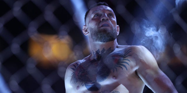 Conor McGregor before a lightweight fight with Dustin Poirier during UFC 264 at T-Mobile Arena in Las Vegas.