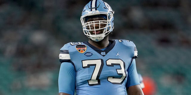 Marcus McKethan of the North Carolina Tar Heels in a game against the Texas A and M Aggies during the Capital One Orange Bowl at Hard Rock Stadium Jan. 2, 2021, in Miami Gardens, Fla.