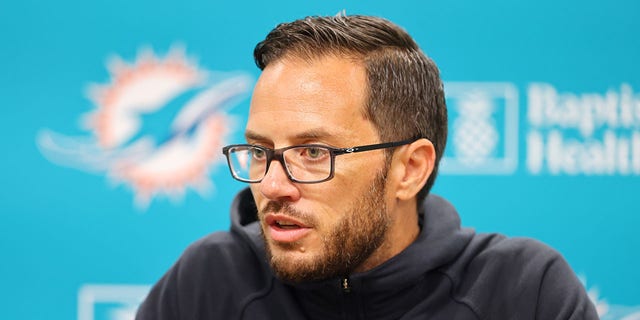 Head coach Mike McDaniel of the Miami Dolphins addresses the media prior to training camp at the Baptist Health Training Complex on July 27, 2022, in Miami Gardens, Florida.