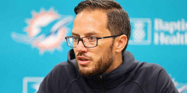 Head coach Mike McDaniel of the Miami Dolphins addresses the media prior to training camp at the Baptist Health Training Complex on July 27, 2022, in Miami Gardens, Florida.